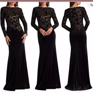 NWT TADASHI Shoji Gatlin Sequin Burnout Velvet Gown in Black